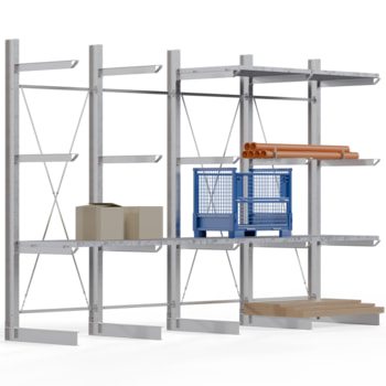 Einseitiges Kragarmregal feuerverzinkt, Schwerlastregal für innen - 4 Felder - 4.000 x 6.000 x 1.380 mm (HxBxT) - 800 kg - KARL heavy 4 Stk.