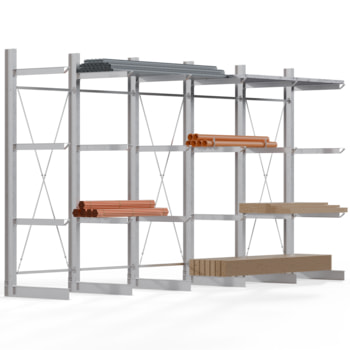 Einseitiges Kragarmregal feuerverzinkt, Schwerlastregal für innen - 5 Felder - 4.000 x 7.500 x 1.380 mm (HxBxT) - 800 kg - KARL heavy 5 Stk.