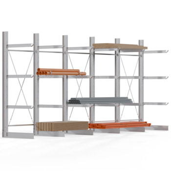 Einseitiges Kragarmregal feuerverzinkt, für innen - Felder wählbar - 3.500 x 1.380 mm (HxT) - Feldbreite 1.500 mm - 800 kg - Ständerlast 2.700 kg 