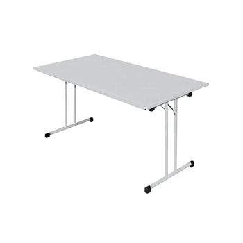 Klapptisch, T-Fuß, Plattengröße wählbar, Höhe 750 mm, Gestell und Platte lichtgrau, melaminbeschichtet, Nivelliergleiter, Sicherheitsarretierung 