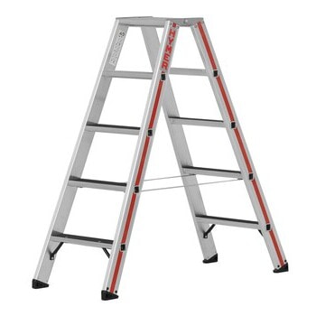 Stufenstehleiter, Aluminium, beidseitig begehbar, Rutschhemmung R13, Spreizsicherung, Länge wählbar, 2 x 3-12 Stufen, 5-19kg, Stufentiefe 80 mm, Hymer 