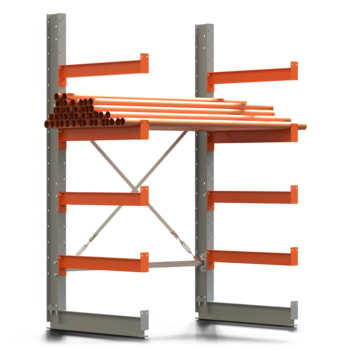Einseitiges Kragarmregal, Grundregal oder Anbauregal, Nutztiefe wählbar, 2.000 x 1.280 mm (HxB), KARL basic, silbergrau/reinorange 