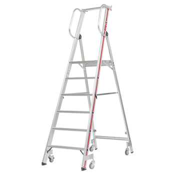 Plattformleiter mit kurzem Handlauf, Alu, vier schwenkbare Federrollen, Rutschhemmung R11, Leiterlänge wählbar, 4 - 6 Stufen, Traglast 150 kg, Hymer 